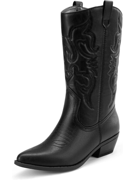 Shoes - DREAM PAIRS Women's Black Faux Leather Mid-Calf Classic Comfort Cowboy Boots
